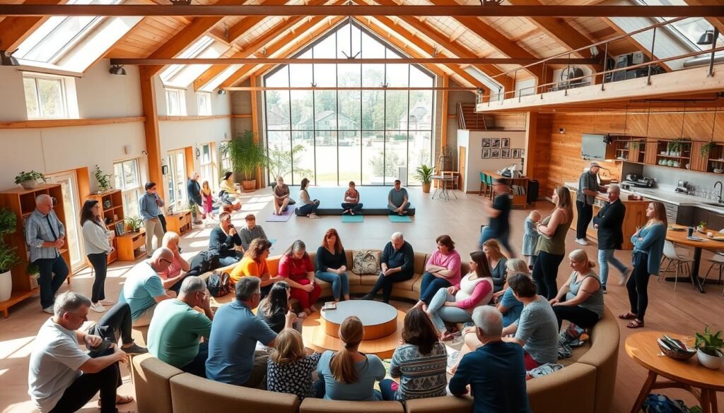 A bustling community center nestled in the heart of Shoreham, a vibrant wellbeing hub filled with natural light and warm, inviting spaces. In the foreground, people of all ages gather around a central circular seating area, engaged in discussions and activities that promote mental, physical, and social well-being. The middle ground features a spacious yoga studio with floor-to-ceiling windows, while the background showcases a modern kitchen and a cozy cafe serving fresh, locally-sourced meals. The overall atmosphere is one of inclusivity, collaboration, and a deep commitment to nurturing the holistic health of the Adur and Worthing communities.