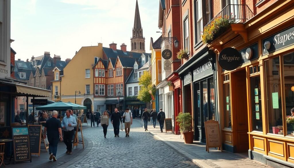 A bustling high street lined with quaint shops and cafes, bathed in warm afternoon sunlight. Cobblestone walkways wind through a charming historic town, with colorful Victorian buildings framing the scene. Pedestrians stroll past independent boutiques, antique stores, and locally-owned eateries, creating a lively, pedestrian-friendly atmosphere. In the distance, the steeple of a centuries-old church rises above the rooftops, adding to the area's timeless character. The overall mood is one of tranquil, small-town ambiance, perfectly capturing the essence of a quintessential British high street.