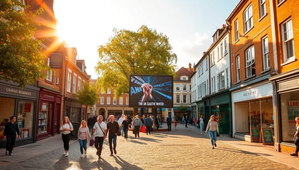 A bustling market town square in Horsham, West Sussex. Vibrant storefronts and historic buildings line the cobblestone streets, creating a charming urban landscape. In the center, a large digital advertising screen displays captivating content, drawing the attention of passersby. Warm sunlight filters through the trees, casting a golden glow over the scene. Pedestrians stroll by, captivated by the mix of traditional and modern elements. The energy and vitality of this historic market town are palpable, showcasing the unique strengths and digital out-of-home (DOOH) opportunities that Horsham offers.