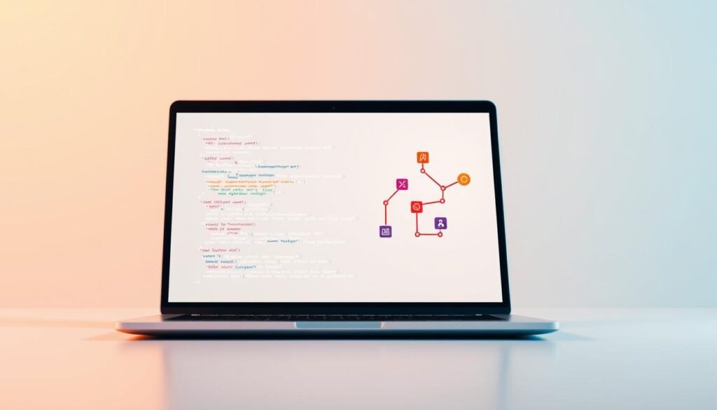 A clean, minimalist illustration depicting the essential elements of schema.org structured data. In the foreground, a sleek, modern laptop screen displaying a crisp, well-organized schema markup code snippet. The middle ground features a series of interconnected data entities, represented by vibrant geometric shapes and icons, conveying the hierarchical and relational nature of schema.org. The background showcases a subtle grid pattern, suggesting the underlying structure and organization of the schema protocol. The scene is illuminated by a warm, soft lighting, creating a sense of clarity and professionalism. The overall mood is one of technical sophistication and attention to detail, perfectly suited to illustrate the "Schema.org and structured data essentials you need to know" section. A clean, minimalist illustration depicting the essential elements of schema.org structured data. In the foreground, a sleek, modern laptop screen displaying a crisp, well-organized schema markup code snippet. The middle ground features a series of interconnected data entities, represented by vibrant geometric shapes and icons, conveying the hierarchical and relational nature of schema.org. The background showcases a subtle grid pattern, suggesting the underlying structure and organization of the schema protocol. The scene is illuminated by a warm, soft lighting, creating a sense of clarity and professionalism. The overall mood is one of technical sophistication and attention to detail, perfectly suited to illustrate the "Schema.org and structured data essentials you need to know" section.