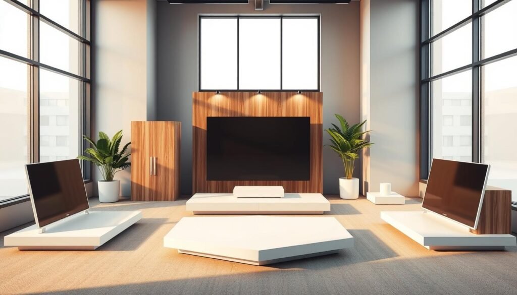 A contemporary, minimalist office setting with a selection of modern platforms arranged in a visually appealing layout. The platforms feature sleek, geometric designs in neutral tones of gray, white, and natural wood accents. Warm, diffused lighting from large windows casts a soft glow, creating a calm and professional atmosphere. The composition emphasizes the platforms as the focal point, with a clean, uncluttered background that allows the products to shine. The overall impression is one of sophistication, efficiency, and versatility - qualities that would appeal to a brand seeking impactful social media advertising strategies.