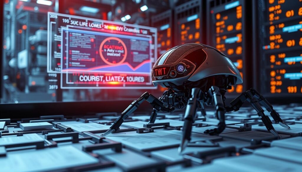 A detailed and technical illustration of website indexing and crawlability. A meticulously crafted scene depicting the interconnected layers of a search engine's indexing process. In the foreground, a sleek, futuristic web crawler robot navigates a labyrinth of hyperlinked pages, its sensors scanning for content and structure. In the middle ground, a holographic data visualization showcases the coverage and depth of the site's index, with areas of high and low indexation illuminated. In the background, an abstract backdrop of binary code, algorithms, and ethereal server racks conveys the complex machinery powering modern search. Crisp lighting, cinematic angles, and a touch of digital mysticism elevate this illustration to a level of sophisticated technical artistry.