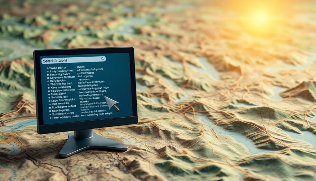 A detailed topographical map stretches across the frame, its contours and terrain delineated in shades of green, brown, and blue. In the foreground, a desktop computer with a search engine interface dominates the scene, its cursor hovering over a long list of keywords, each representing a unique search intent. The middle ground reveals a network of interconnected pathways, symbolizing the complex web of user queries and search behaviors. In the background, a warm, golden glow emanates, creating a sense of discovery and illumination. The overall composition conveys the idea of mapping search intent to uncover niche audiences, a harmonious blend of technology, geography, and enlightenment.