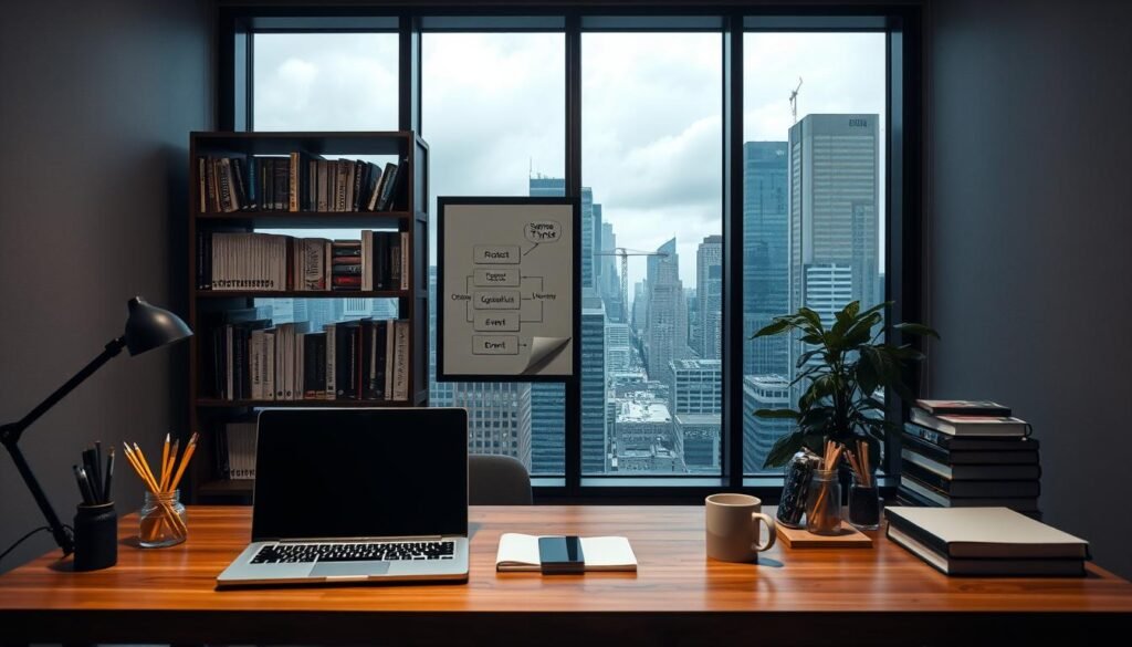 A dimly lit, modern office space with a large window overlooking a cityscape. In the foreground, a wooden desk with a laptop and various office supplies, including a pencil holder and a mug of coffee. In the middle ground, a bookshelf filled with reference books and a framed diagram depicting different schema types, such as Product, Organization, and Event. In the background, the cityscape is visible through the window, with skyscrapers and a cloudy sky. The overall atmosphere is one of contemplation and problem-solving, with the focus on the schema type diagram as the central element. A dimly lit, modern office space with a large window overlooking a cityscape. In the foreground, a wooden desk with a laptop and various office supplies, including a pencil holder and a mug of coffee. In the middle ground, a bookshelf filled with reference books and a framed diagram depicting different schema types, such as Product, Organization, and Event. In the background, the cityscape is visible through the window, with skyscrapers and a cloudy sky. The overall atmosphere is one of contemplation and problem-solving, with the focus on the schema type diagram as the central element.
