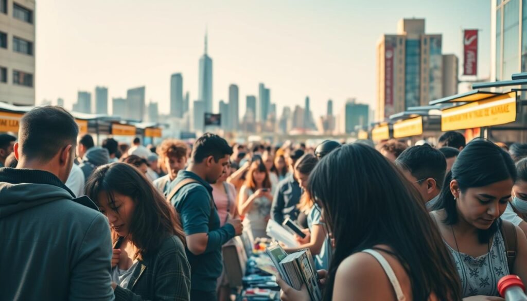 A diverse crowd of people intently searching through a bustling marketplace, examining products, discussing options, and comparing prices. The scene is bathed in warm, natural lighting, with a soft, diffused glow illuminating the faces of the audience. The middle ground features a variety of stalls and vendors, each offering a unique selection of goods. In the background, a cityscape of towering buildings and a clear blue sky adds depth and context to the image. The overall atmosphere conveys a sense of lively activity, consumer engagement, and the importance of understanding one's target audience. A diverse crowd of people intently searching through a bustling marketplace, examining products, discussing options, and comparing prices. The scene is bathed in warm, natural lighting, with a soft, diffused glow illuminating the faces of the audience. The middle ground features a variety of stalls and vendors, each offering a unique selection of goods. In the background, a cityscape of towering buildings and a clear blue sky adds depth and context to the image. The overall atmosphere conveys a sense of lively activity, consumer engagement, and the importance of understanding one's target audience.