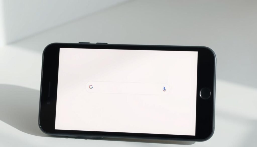 A minimalist, clean, and well-designed search interface on a mobile device, captured in a realistic, high-quality rendering. The screen displays a search bar in the center, framed by a simple white background and subtle shadows, conveying a modern and intuitive user experience. The layout is optimized for mobile use, with clear hierarchy and ample negative space. The lighting is natural and diffused, creating a soft, inviting atmosphere. The camera angle is slightly elevated, providing a clear and unobstructed view of the screen. The overall impression is of a thoughtfully crafted, user-centric search experience designed for effortless interaction on a smartphone or tablet.