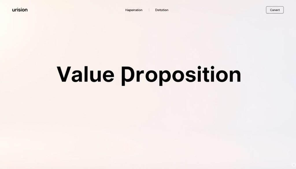 A minimalist website layout with a bold, text-based value proposition as the focal point. A clean, white background with a soft, warm lighting illuminates the central statement, conveying a sense of clarity and confidence. The text is rendered in a modern, sans-serif typeface, highlighting the concise, impactful message. The overall composition is balanced and visually striking, drawing the viewer's attention to the core essence of the value proposition.