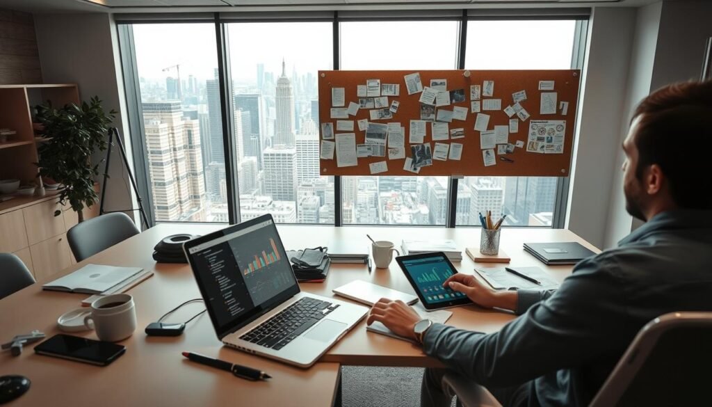A modern, well-lit office space with a large desk showcasing a laptop, tablet, and various office supplies. In the foreground, a person is intently studying analytics and campaign performance data on the screen. The middle ground features a corkboard adorned with sticky notes, sketches, and printouts, illustrating the strategic planning process. The background reveals a panoramic window overlooking a bustling city skyline, hinting at the broader context and scope of the campaign. The overall atmosphere is one of focused, professional, and collaborative campaign management.