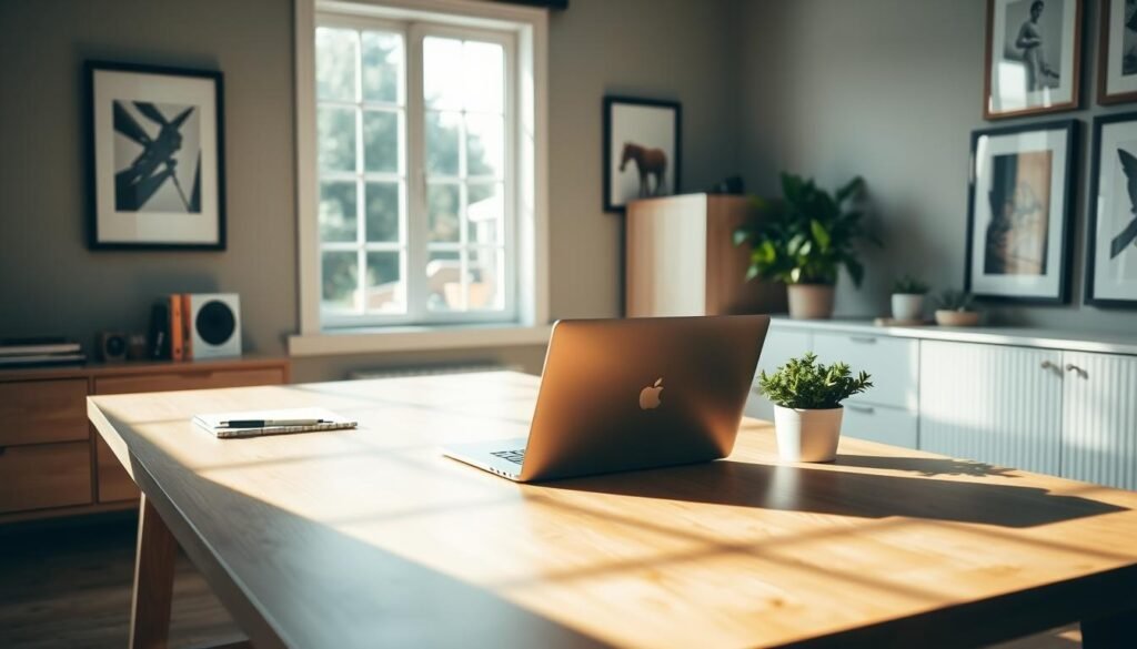 A serene and minimalist home office setup, with a large wooden desk illuminated by natural light streaming in through a nearby window. On the desk, a sleek laptop, a few neatly arranged stationery items, and a lush, green potted plant. The walls are adorned with framed artwork, creating a cohesive and inspiring work environment. The overall atmosphere conveys a sense of focus, productivity, and attention to detail - essential elements for implementing effective on-page SEO best practices.