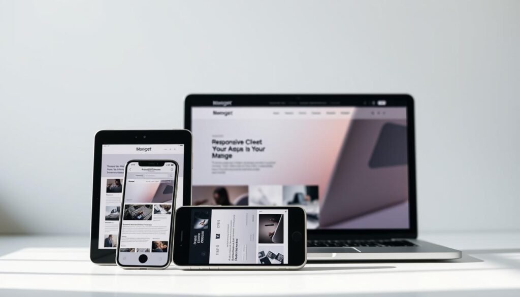 A sharply focused, high-resolution image of a responsive website design on various mobile devices. The foreground displays a sleek, modern smartphone, tablet, and laptop, each showcasing a crisp, pixel-perfect website layout that seamlessly adapts to the screen size. The middle ground features a minimalist background with subtle gradients, creating a clean, uncluttered aesthetic. The lighting is soft and natural, highlighting the devices' display quality and the responsiveness of the website design. The overall mood is one of elegance, efficiency, and technological sophistication, reflecting the article's focus on creating a mobile-friendly user experience.