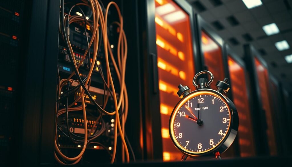 A sleek server rack stands tall, bathed in warm, focused lighting. Cables snake through its frame, representing the flow of digital information. In the foreground, a glowing stopwatch symbolizes the critical "Time to First Byte" - the measure of how quickly a web server responds to a client's request. The scene conveys a sense of efficiency, precision, and the importance of optimizing back-end performance for a seamless user experience. The composition emphasizes the technical details, creating an atmosphere of purpose and professionalism. A sleek server rack stands tall, bathed in warm, focused lighting. Cables snake through its frame, representing the flow of digital information. In the foreground, a glowing stopwatch symbolizes the critical "Time to First Byte" - the measure of how quickly a web server responds to a client's request. The scene conveys a sense of efficiency, precision, and the importance of optimizing back-end performance for a seamless user experience. The composition emphasizes the technical details, creating an atmosphere of purpose and professionalism.