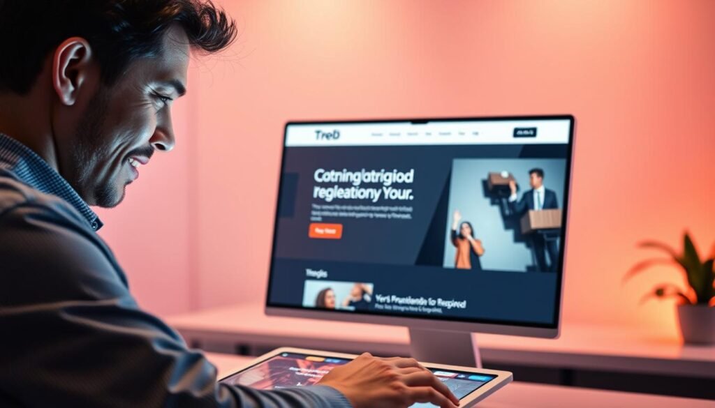 A vibrant and captivating user experience, set against a sleek and modern backdrop. In the foreground, a person intuitively interacts with a cutting-edge interface, their face alight with engagement and discovery. The middle ground showcases a responsive, intuitive web design that seamlessly guides the user's journey, with clean typography, bold imagery, and intuitive navigation. In the background, a soft, warm lighting and a minimalist aesthetic create a sense of calm and focus, inviting the viewer to immerse themselves in the digital experience. The overall atmosphere exudes a blend of professionalism, innovation, and user-centric design, reflecting the power of website design to drive online visibility and keep visitors captivated. A vibrant and captivating user experience, set against a sleek and modern backdrop. In the foreground, a person intuitively interacts with a cutting-edge interface, their face alight with engagement and discovery. The middle ground showcases a responsive, intuitive web design that seamlessly guides the user's journey, with clean typography, bold imagery, and intuitive navigation. In the background, a soft, warm lighting and a minimalist aesthetic create a sense of calm and focus, inviting the viewer to immerse themselves in the digital experience. The overall atmosphere exudes a blend of professionalism, innovation, and user-centric design, reflecting the power of website design to drive online visibility and keep visitors captivated.