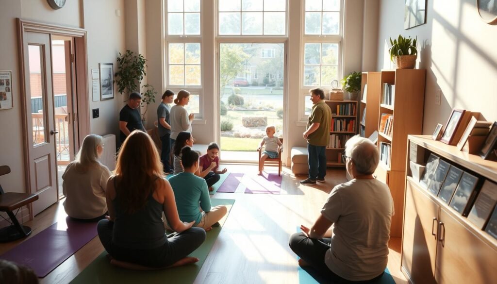 A vibrant and welcoming local wellbeing hub, bathed in warm natural light that filters through large windows. The inviting entrance leads into an open, airy space with soft, muted colors and comfortable seating areas. In the foreground, people of all ages engage in activities like yoga, meditation, and group discussions, reflecting the hub's focus on holistic health and community support. Alongside, an information desk and resource shelves provide access to local services and programs. In the background, a serene garden or small park can be seen through the windows, adding to the calming atmosphere. The overall scene conveys a sense of tranquility, inclusivity, and a dedication to supporting the wellbeing of the local community.