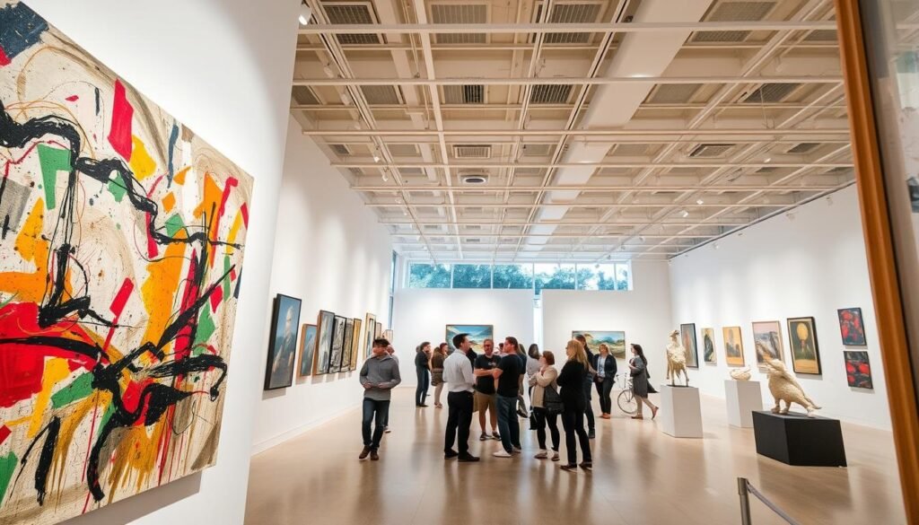 A vibrant art gallery showcasing a diverse collection of paintings, sculptures, and installations. The foreground features an intricate abstract canvas with bold brushstrokes and a captivating play of colors. In the middle ground, a group of visitors admire the works, immersed in the creative atmosphere. The background reveals a spacious, well-lit gallery space with high ceilings, large windows, and a minimalist, modern design. Soft, diffused lighting creates a warm, inviting ambiance, while the angle captures the dynamic energy and intellectual stimulation of the artistic experience.