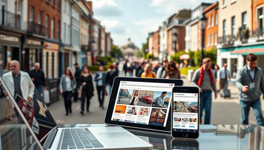 A vibrant cityscape of Littlehampton, with the focal point being a group of digital devices prominently displaying targeted pay-per-click (PPC) advertisements. The foreground features a sleek, modern laptop, tablet, and smartphone, their screens illuminated with eye-catching PPC ads tailored to the local audience. The middle ground showcases the bustling streets of Littlehampton, with people hurrying about their daily lives, their attention drawn to the digital devices. In the background, the iconic landmarks of the town, such as the historic Littlehampton Pier and the lush green spaces, create a sense of place and identity. The overall mood is one of dynamism and engagement, where the targeted PPC ads seamlessly integrate with the local environment, capturing the attention of the community.