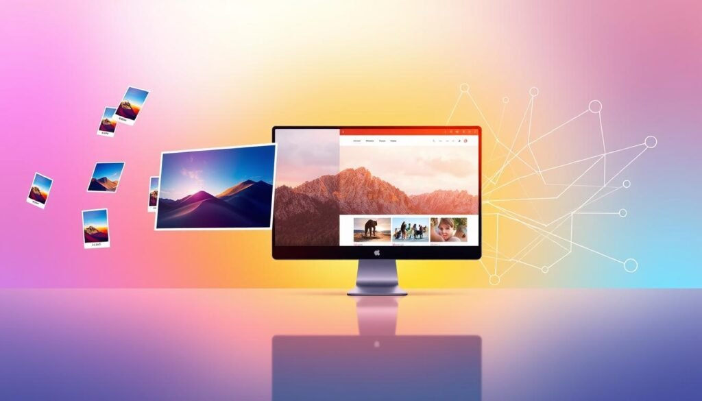 A vibrant digital illustration showcasing the optimization of various image and media assets. In the foreground, a set of dynamic image files float against a gradient background, their formats and dimensions displayed alongside. In the middle ground, a sleek, minimalist computer monitor displays a website loaded with crisp, high-quality visuals. In the background, abstract shapes and lines representing the underlying compression algorithms and web technologies that enable fast, efficient image delivery. The scene is bathed in a warm, inviting light, conveying a sense of harmony between design and performance. A vibrant digital illustration showcasing the optimization of various image and media assets. In the foreground, a set of dynamic image files float against a gradient background, their formats and dimensions displayed alongside. In the middle ground, a sleek, minimalist computer monitor displays a website loaded with crisp, high-quality visuals. In the background, abstract shapes and lines representing the underlying compression algorithms and web technologies that enable fast, efficient image delivery. The scene is bathed in a warm, inviting light, conveying a sense of harmony between design and performance.