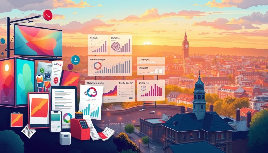 A vibrant, dynamic illustration depicting various marketing campaign options. In the foreground, a collage of digital devices, billboards, and printed materials showcases a range of advertising mediums. The middle ground features elegant graphs, charts, and infographics outlining different campaign durations and budget considerations. In the background, a subtle cityscape of Horsham and Haywards Heath provides a contextual backdrop, with warm, inviting lighting that captures the essence of the local business landscape. The overall composition conveys a sense of strategic planning, creative exploration, and data-driven decision-making to help businesses effectively reach their target audience.