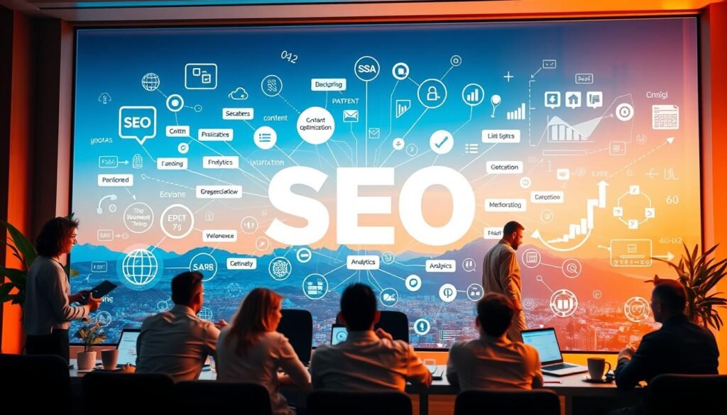 A vibrant, dynamic scene depicting the intricate SEO process. In the foreground, a team of digital marketing experts collaborates, brainstorming strategies and analyzing data. Midground showcases a complex web of interconnected elements - keyword research, content optimization, link building, and analytics. The background reveals a digital landscape, with search engine algorithms and optimization techniques subtly woven into the composition. Soft, warm lighting illuminates the scene, conveying a sense of focus and productivity. The overall mood is one of creative problem-solving and continuous improvement, capturing the essence of a successful SEO strategy.