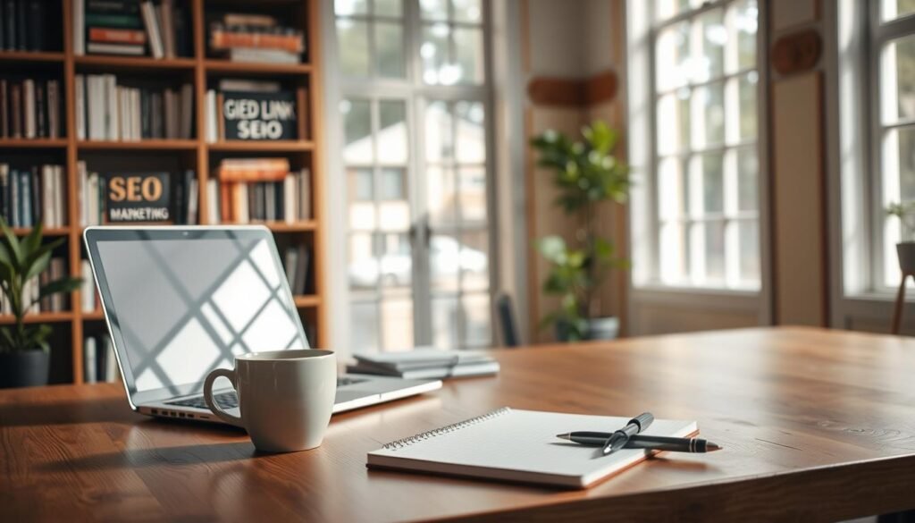 A warm, welcoming workspace with a sturdy wooden desk, a laptop, and a cup of coffee. In the background, a bookshelf filled with resources on digital marketing and SEO. Soft, natural lighting filters through large windows, casting a cozy glow. On the desk, a notepad and pen, symbolizing the importance of planning and strategy before embarking on link-building efforts. The overall atmosphere conveys a sense of focus, preparation, and the foundations needed to create a successful, credible online presence.