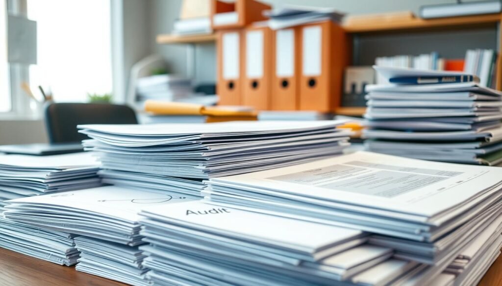 A well-organized office workspace with neatly stacked audit pages, folders, and office supplies. The pages have a crisp, clean appearance, indicating a thorough review process. The lighting is soft and diffused, creating a professional and focused atmosphere. The camera angle captures the scene from a slightly elevated perspective, allowing for a clear overview of the audit materials. The background is slightly blurred, keeping the attention on the organized audit documents in the foreground. The overall scene conveys a sense of diligence, attention to detail, and a methodical approach to the audit process.