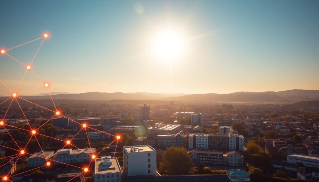 An aerial view of a bustling town, Worthing, bathed in warm, golden sunlight. In the foreground, a network of interconnected digital icons representing local search visibility, pulsing with vibrant energy. The middle ground features a skyline of modern buildings, each reflecting the sun's rays, symbolizing the growth and prosperity of local businesses. In the background, rolling hills and a tranquil, azure sky create a sense of balance and harmony. The scene conveys the importance of local search optimization, as the digital icons seamlessly integrate with the physical landscape, highlighting the crucial role of SEO in driving visibility and success for Worthing's thriving business community.