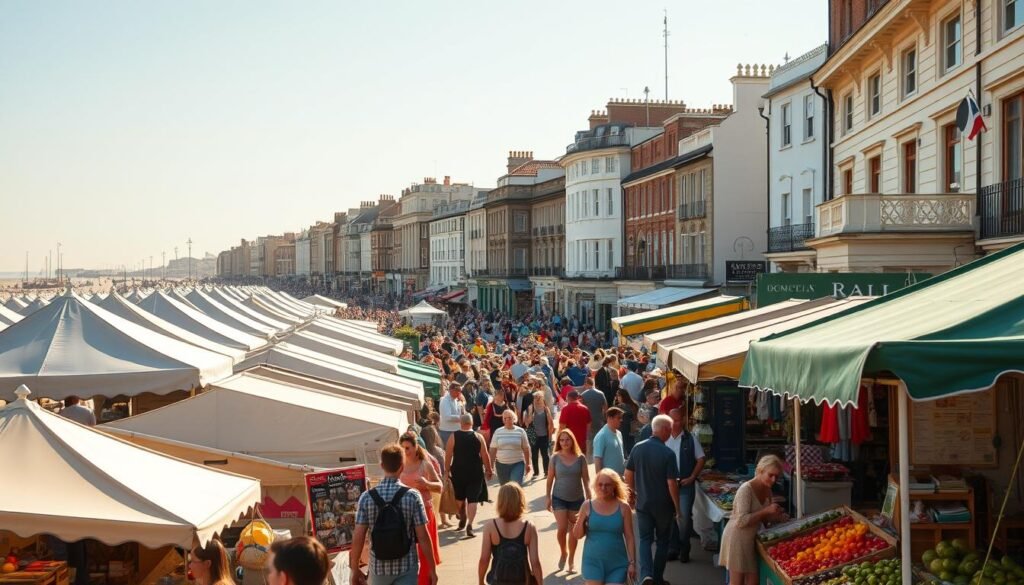 Bustling Brighton Markets, a vibrant tapestry of stalls and vendors, unfolds under the warm, golden sunlight. In the foreground, an array of artisanal wares and locally sourced produce beckons visitors, while in the middle ground, a throng of lively shoppers meanders through the maze of colorful tents and awnings. The background is dotted with the iconic Georgian architecture and quaint cafes that define the character of this seaside town. Capture the energy and charm of this scene with a wide-angle lens, showcasing the dynamic interplay of people, products, and the Sussex landscape. Imbue the image with a sense of community, discovery, and the essence of the "Sussex Business Digest" brand.