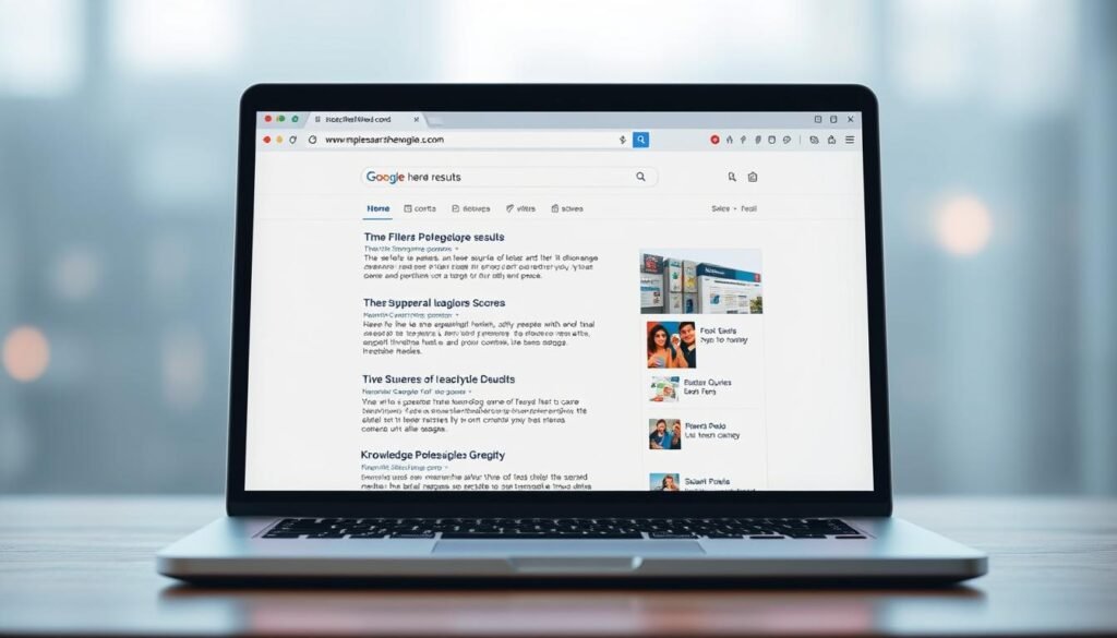 Detailed digital illustration of an optimised search engine results page (SERP) displayed on a laptop screen. Foreground features a clean, user-friendly interface with clear hierarchy of search results, including relevant titles, meta descriptions, and visuals. Middle ground showcases interactive elements like search filters, related queries, and knowledge panels. Background has a soft, atmospheric lighting with subtle depth of field, accentuating the digital, technological setting. The overall composition conveys a sense of enhanced visibility, control, and discovery for the user, reflecting the theme of optimised SERP appearance.