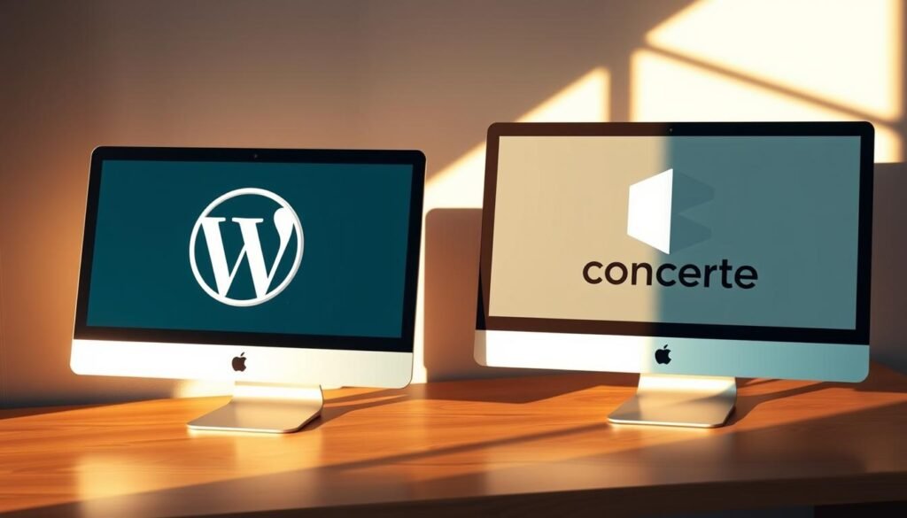 Platforms that empower your web design: two sleek, modern computer desktops displaying the WordPress and Concrete CMS logos, resting on a minimalist wooden desk. Warm indirect lighting casts soft shadows, creating a professional, productivity-focused atmosphere. The desktops are angled slightly towards the viewer, showcasing their clean interfaces and intuitive layouts. In the background, a simple geometric pattern or subtle texture adds visual interest without distracting from the focal points. The overall composition emphasizes the power and versatility of these content management platforms to elevate your Horsham business's online presence.