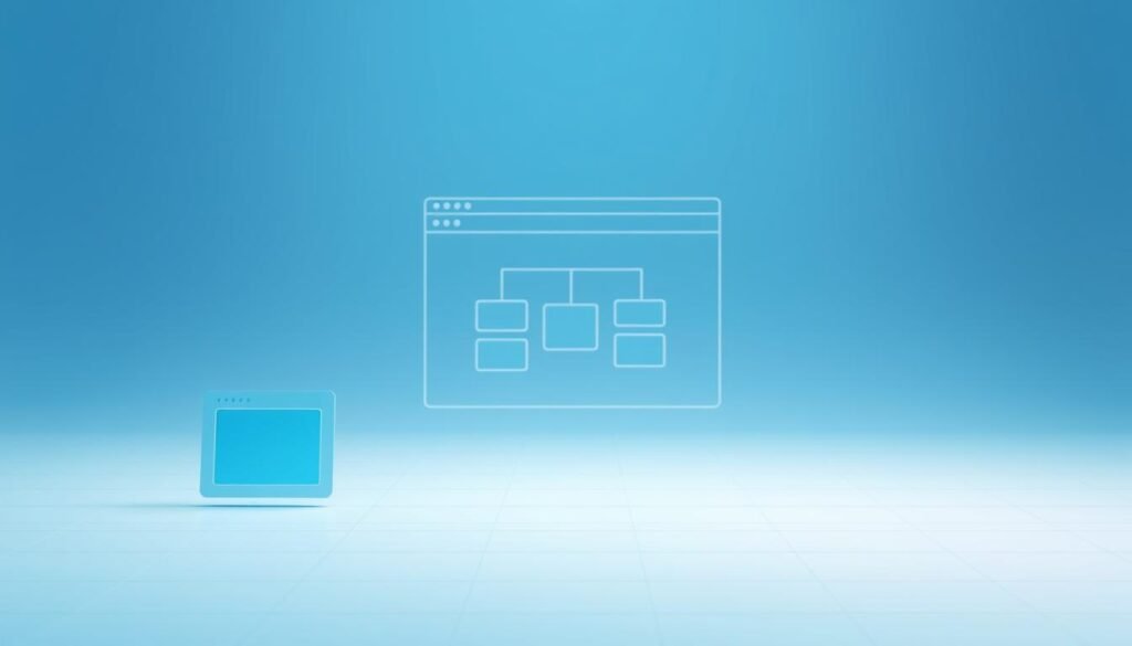 Sleek and modern website architecture, showcasing a clean grid layout with minimalist design elements. The foreground features a series of interconnected web pages, represented by rectangles in various shades of blue, subtly highlighting the internal linking structure. The middle ground displays a 3D wireframe model of the site's navigational hierarchy, with clean lines and geometric shapes. In the background, a soft gradient blends from cool blues to warmer tones, creating a serene and professional atmosphere. Crisp, high-contrast lighting illuminates the scene, emphasizing the technical aspects of website architecture. The overall composition conveys a sense of efficiency, organization, and attention to detail, perfectly suited to illustrate the "Review your website architecture and internal linking" section.