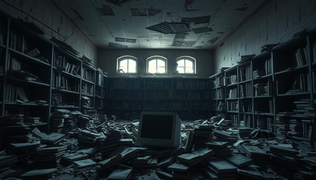 a decaying and dilapidated library, with crumbling shelves and dusty tomes spilling onto the floor. the lighting is dim and moody, casting long shadows across the scene. the walls are peeling and the ceiling is dotted with water stains, creating an atmosphere of neglect and abandonment. in the foreground, a broken computer monitor sits among the scattered books, symbolizing the outdated and obsolete nature of the resources. the overall composition conveys a sense of the passage of time and the inevitability of progress, highlighting the need to seek out newer and more reliable sources of information.