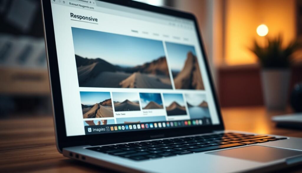 a detailed close-up of a responsive website design on a laptop computer screen, with a clean and minimalist layout, showcasing different image sizes and resolutions adapting to the screen size, captured with a shallow depth of field and warm lighting to create a professional and inviting atmosphere, shot from a slightly elevated angle to highlight the screen's content a detailed close-up of a responsive website design on a laptop computer screen, with a clean and minimalist layout, showcasing different image sizes and resolutions adapting to the screen size, captured with a shallow depth of field and warm lighting to create a professional and inviting atmosphere, shot from a slightly elevated angle to highlight the screen's content